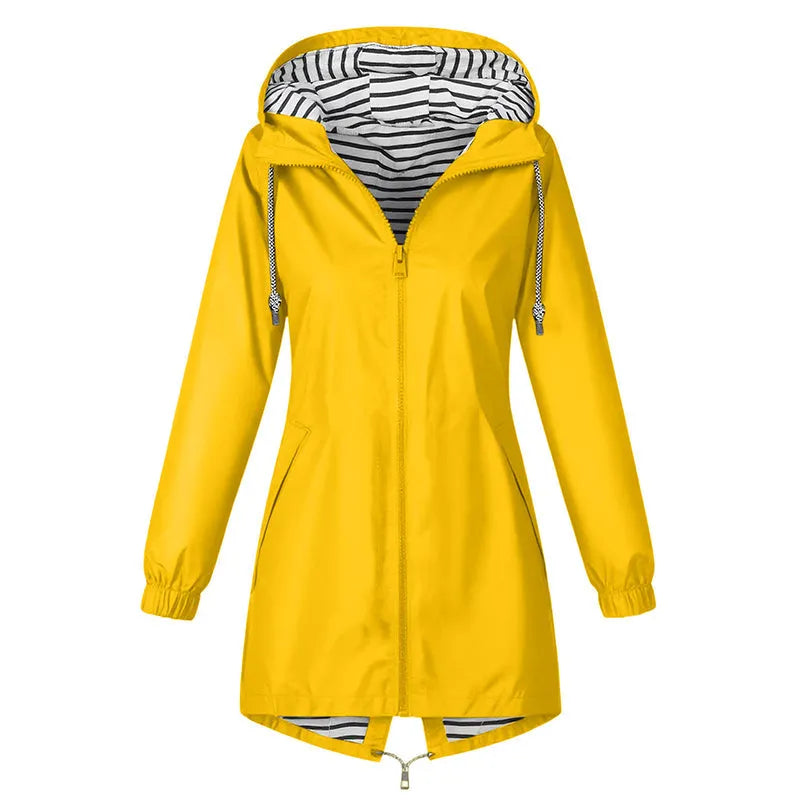 Women's Hooded Waterproof Raincoat, Drawstring Waist Striped Lining Long Outdoor Windbreaker