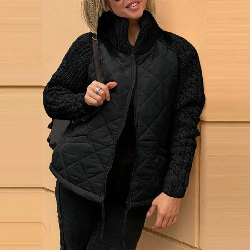 Women's Stand Collar Zip Up Quilted Jacket with Knitted Sleeves, Casual Patchwork Outerwear