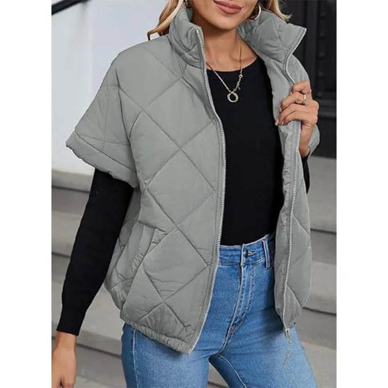 Women's Stand Collar Zip Up Short Sleeve Quilted Vest Jacket