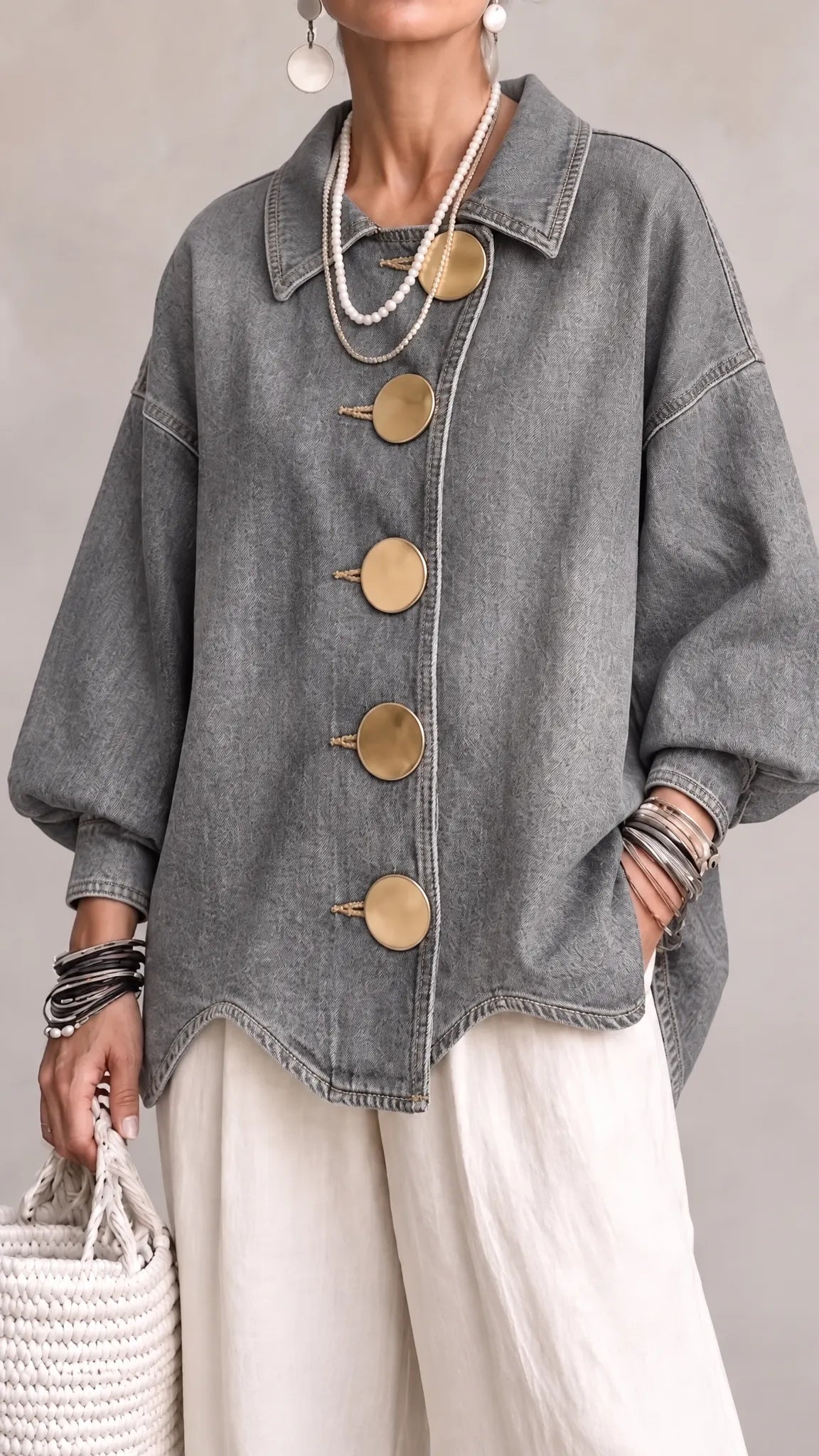 Women's Lapel Oversized Shirt Jacket, Large Decorative Button Lantern Sleeve Casual Shacket