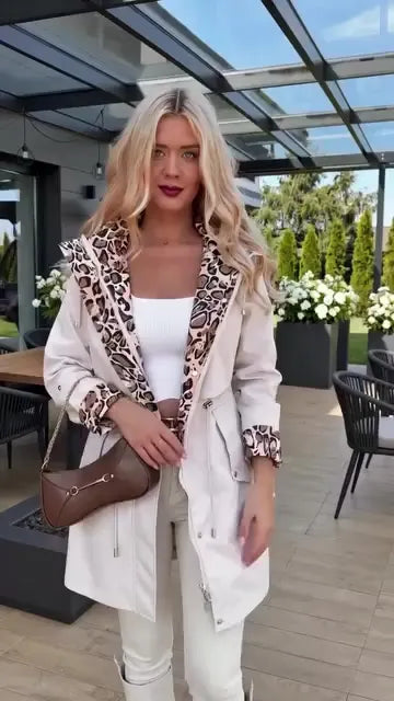 Women's leopard print lined belted hooded trench coat