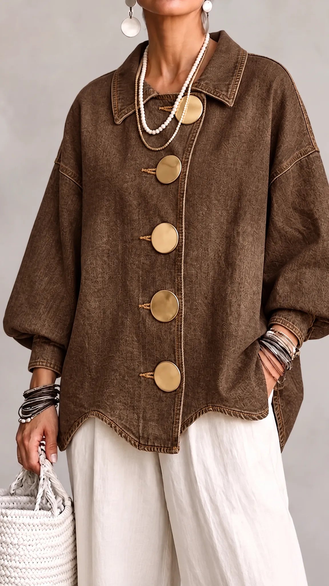 Women's Lapel Oversized Shirt Jacket, Large Decorative Button Lantern Sleeve Casual Shacket