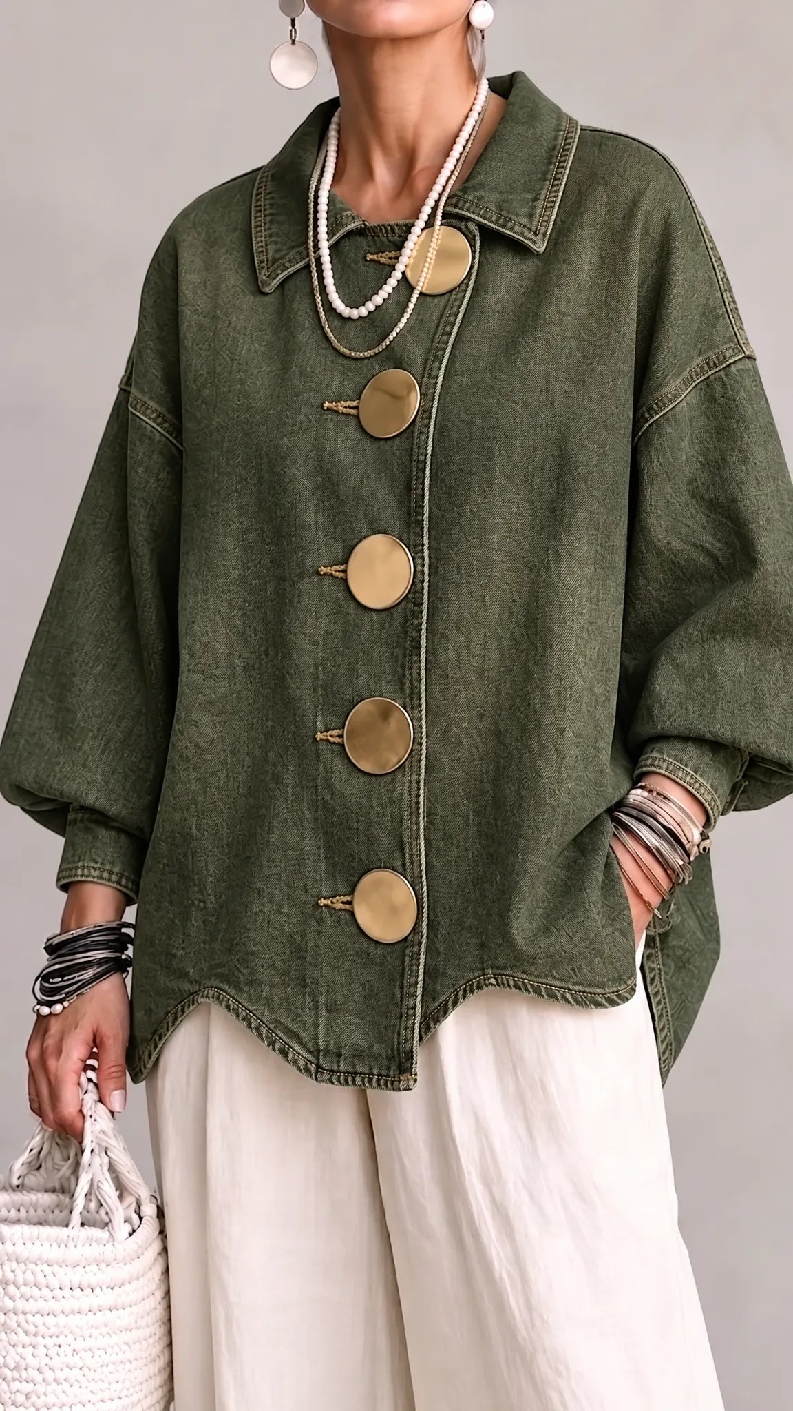 Women's Lapel Oversized Shirt Jacket, Large Decorative Button Lantern Sleeve Casual Shacket