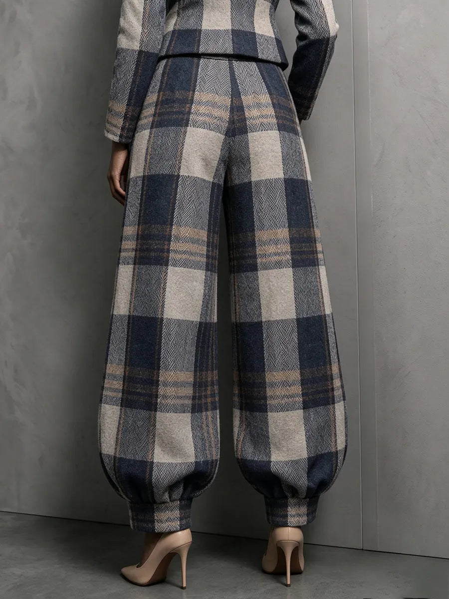 Women Plaid 2 Piece Outfit, Double Breasted Blazer and Balloon Wide Leg Pants Set