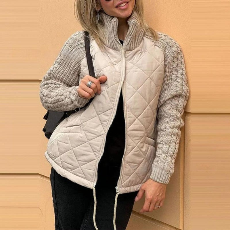 Women's Stand Collar Zip Up Quilted Jacket with Knitted Sleeves, Casual Patchwork Outerwear