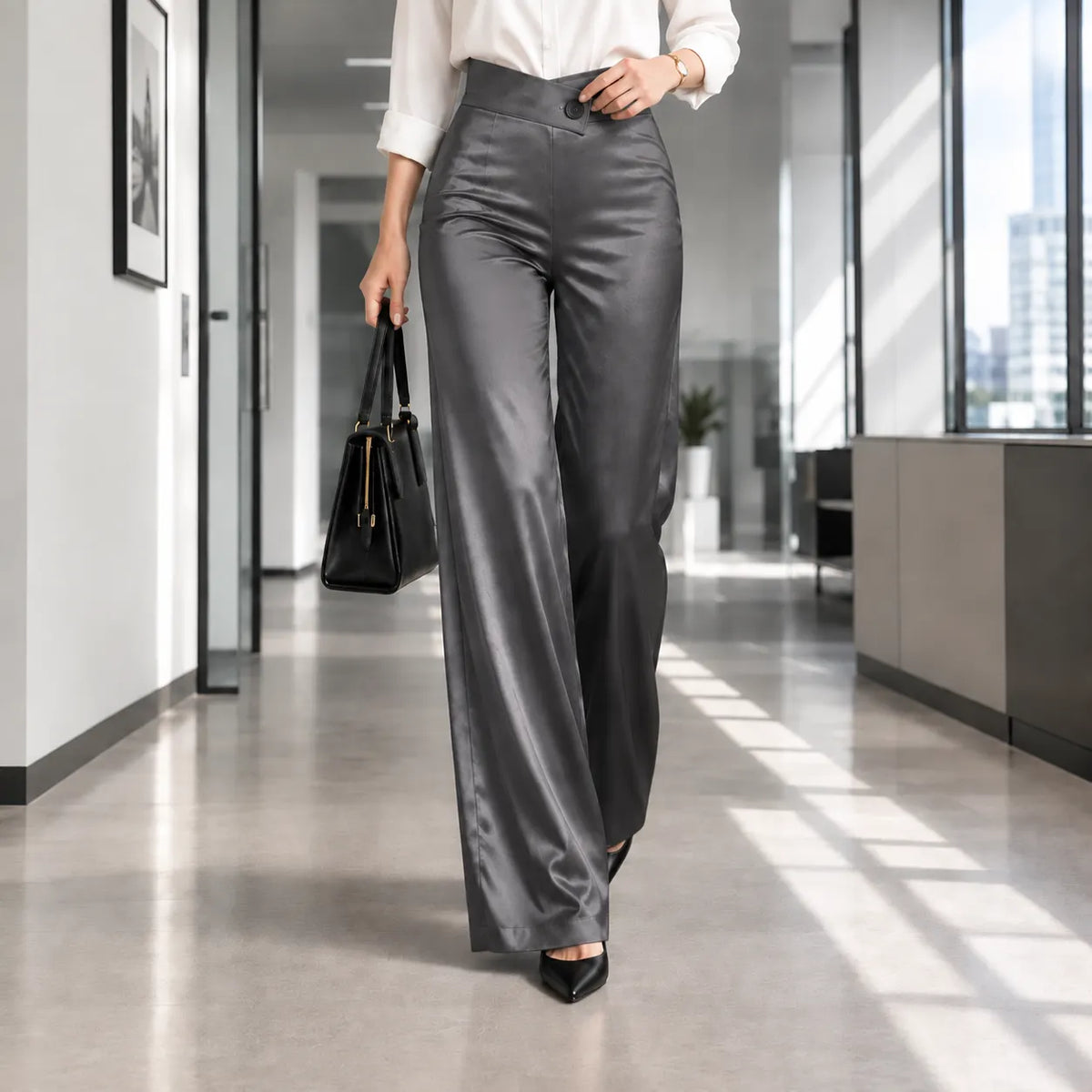 Elegant High Waist Wide Leg Dress Pants for Women, Business Office Straight Trousers