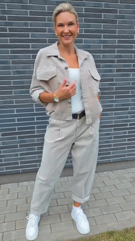 Women Casual Button‑Up Crop Jacket & Tapered Pants Two‑Piece Set