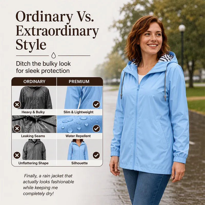 Women's Hooded Waterproof Raincoat, Drawstring Waist Striped Lining Long Outdoor Windbreaker