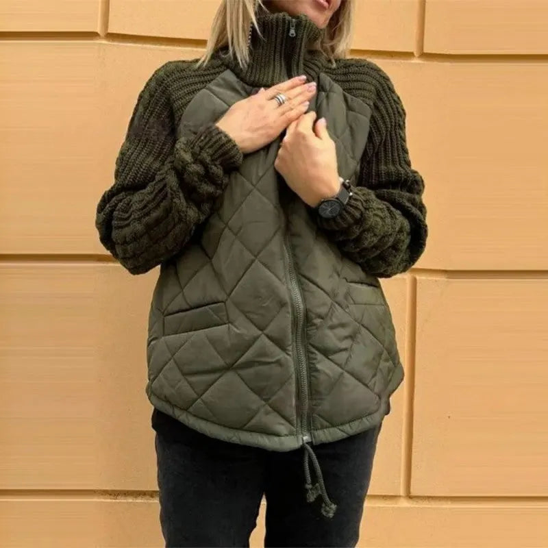 Women's Stand Collar Zip Up Quilted Jacket with Knitted Sleeves, Casual Patchwork Outerwear