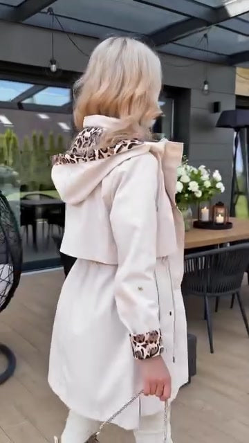 Women's leopard print lined belted hooded trench coat