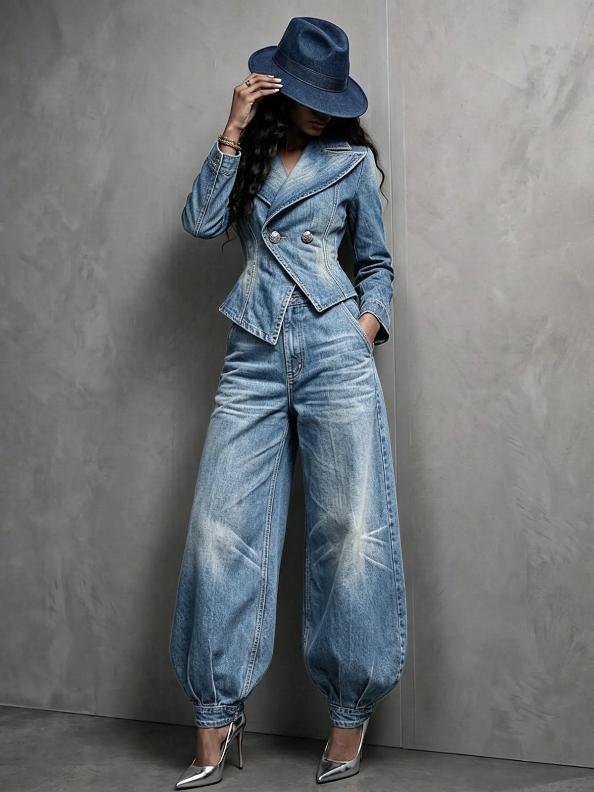 Stylish washed denim double-breasted pleated blazer + jeans suit
