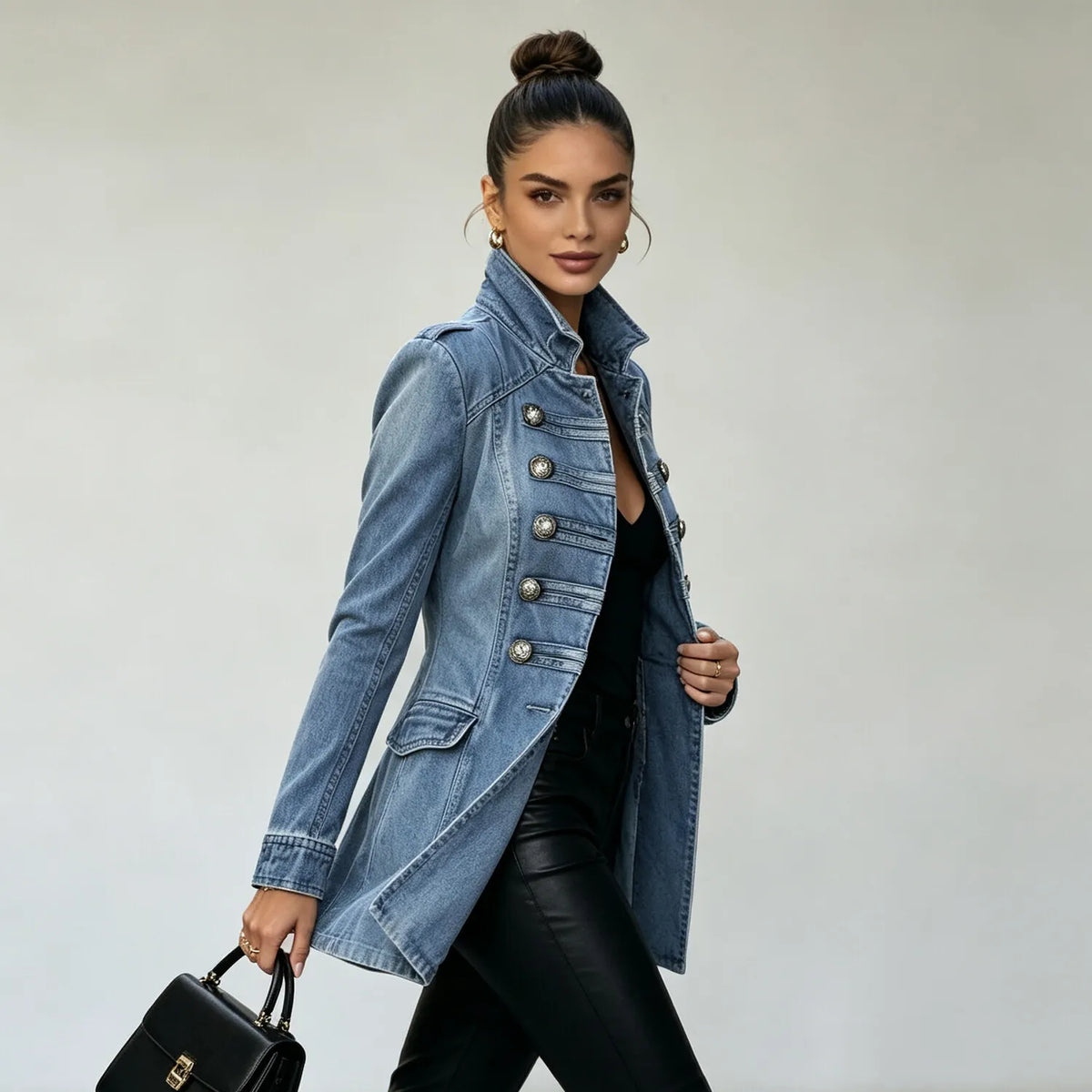 Women's Stand-Collar Denim Jacket with Double-Breasted Detail
