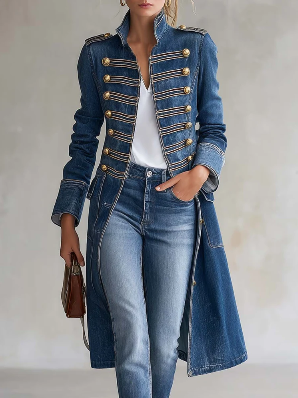 Women's Stand Collar Long Denim Coat, Double Breasted Gold Button Decor Military Style Trench Jacket