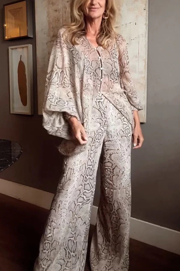 Iselle Animal Print Button Up Batwing Sleeve Shirt and Elastic Waist Wide Leg Pants Set