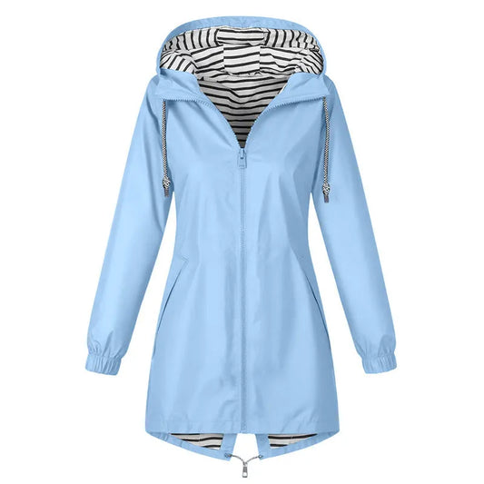 Women's Hooded Waterproof Raincoat, Drawstring Waist Striped Lining Long Outdoor Windbreaker
