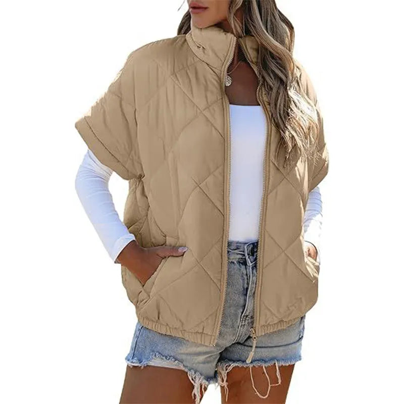 Women's Stand Collar Zip Up Short Sleeve Quilted Vest Jacket