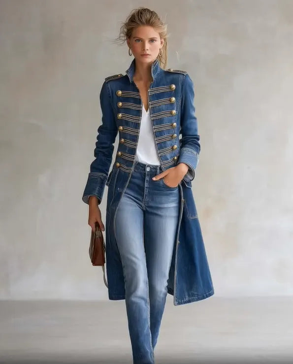 Women's Stand Collar Long Denim Coat, Double Breasted Gold Button Decor Military Style Trench Jacket