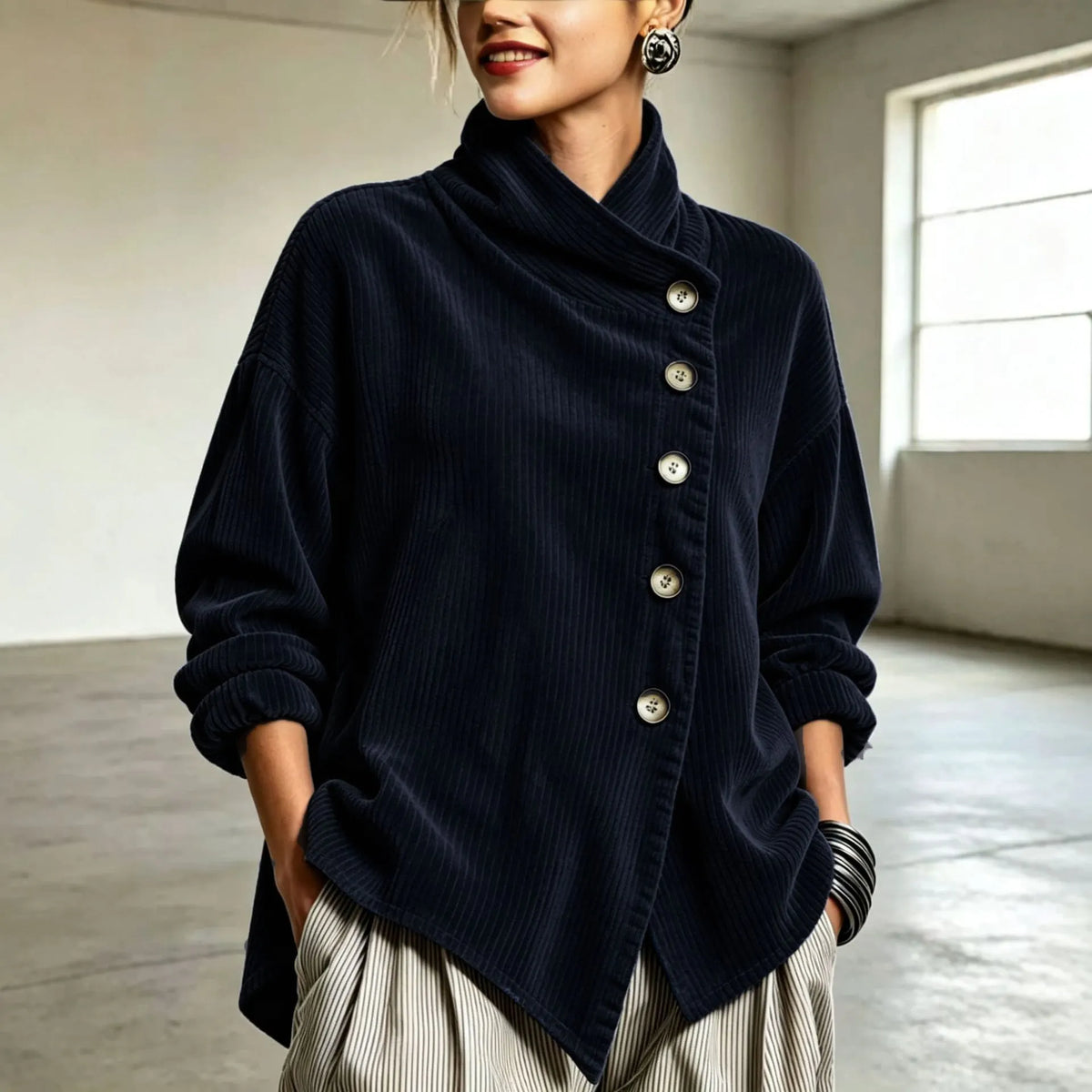 Chic High Funnel Neck Asymmetric Corduroy Top