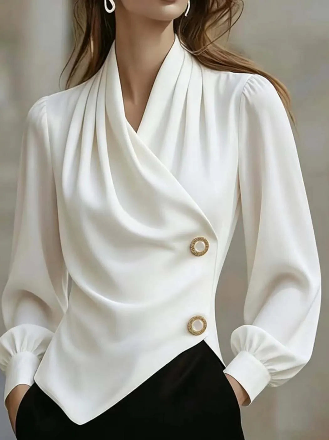 Women's Draped V Neck Long Sleeve Blouse, Elegant Wrap Style Decorative Button Shirt