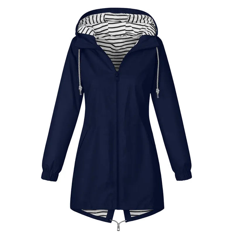 Women's Hooded Waterproof Raincoat, Drawstring Waist Striped Lining Long Outdoor Windbreaker