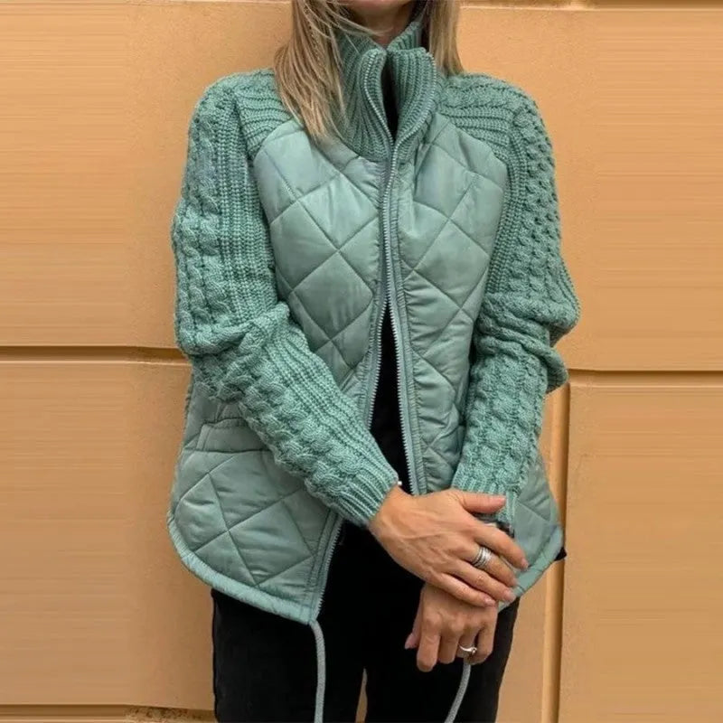 Women's Stand Collar Zip Up Quilted Jacket with Knitted Sleeves, Casual Patchwork Outerwear