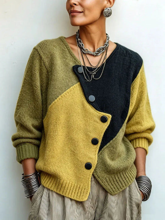 Cozy Asymmetric Color-block Knit Sweater