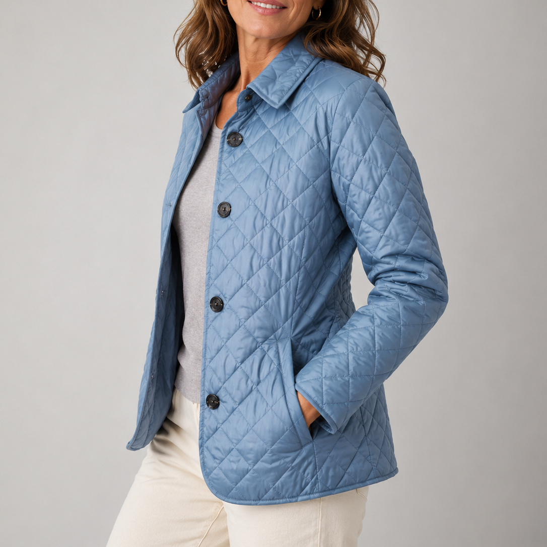 Women's Stand Collar Quilted Short Jacket, Button Front Slim Outerwear with Plaid Cuff Detail