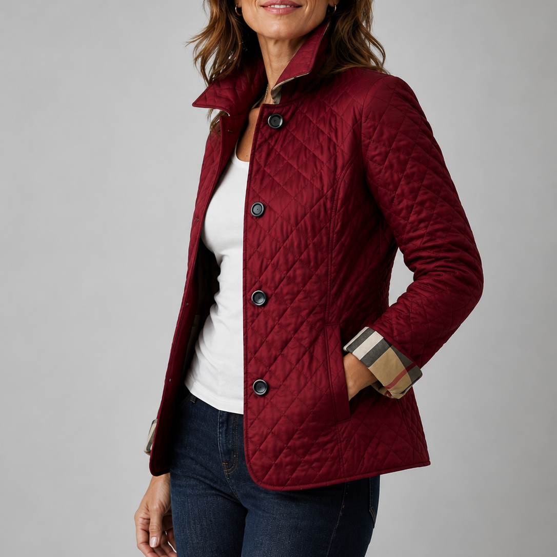 Women's Stand Collar Quilted Short Jacket, Button Front Slim Outerwear with Plaid Cuff Detail