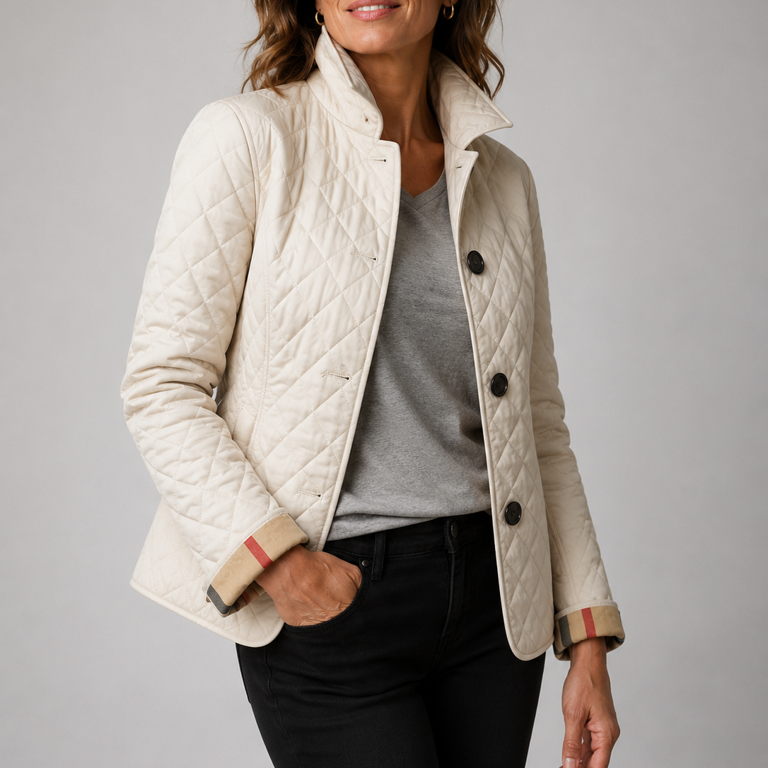 Women's Stand Collar Quilted Short Jacket, Button Front Slim Outerwear with Plaid Cuff Detail