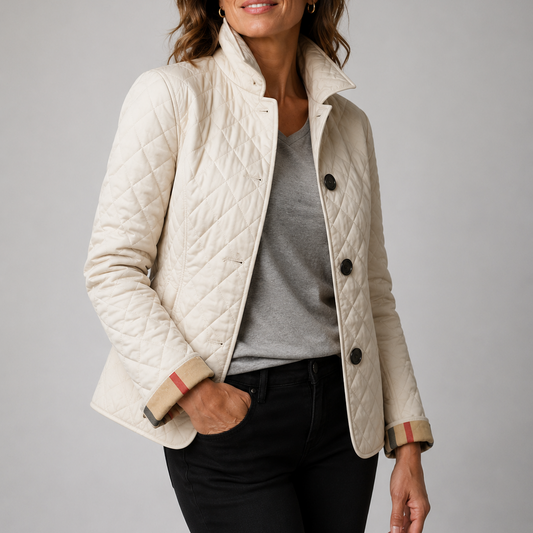 Women's Stand Collar Quilted Short Jacket, Button Front Slim Outerwear with Plaid Cuff Detail