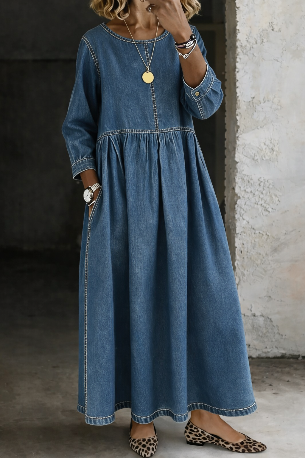 Women's Round Neck 3/4 Sleeve Maxi Dress, Loose Flowy A-Line Long Dress with Pockets