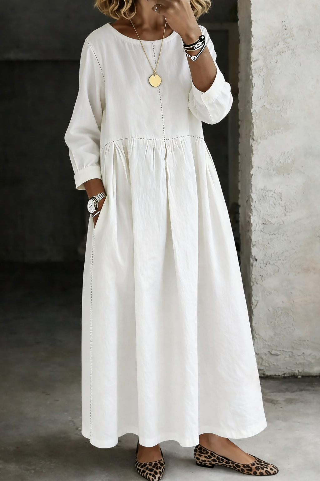 Women's Round Neck 3/4 Sleeve Maxi Dress, Loose Flowy A-Line Long Dress with Pockets