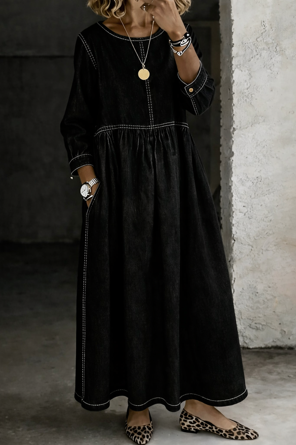 Women's Round Neck 3/4 Sleeve Maxi Dress, Loose Flowy A-Line Long Dress with Pockets