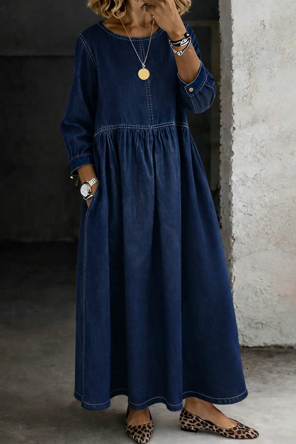 Women's Round Neck 3/4 Sleeve Maxi Dress, Loose Flowy A-Line Long Dress with Pockets