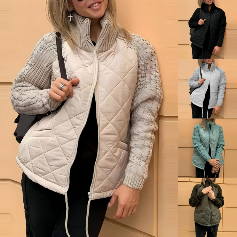 Women's Stand Collar Zip Up Quilted Jacket with Knitted Sleeves, Casual Patchwork Outerwear