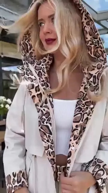 Women's leopard print lined belted hooded trench coat