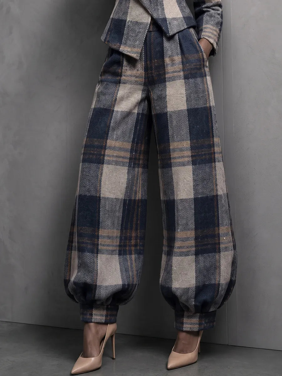 Women Plaid 2 Piece Outfit, Double Breasted Blazer and Balloon Wide Leg Pants Set