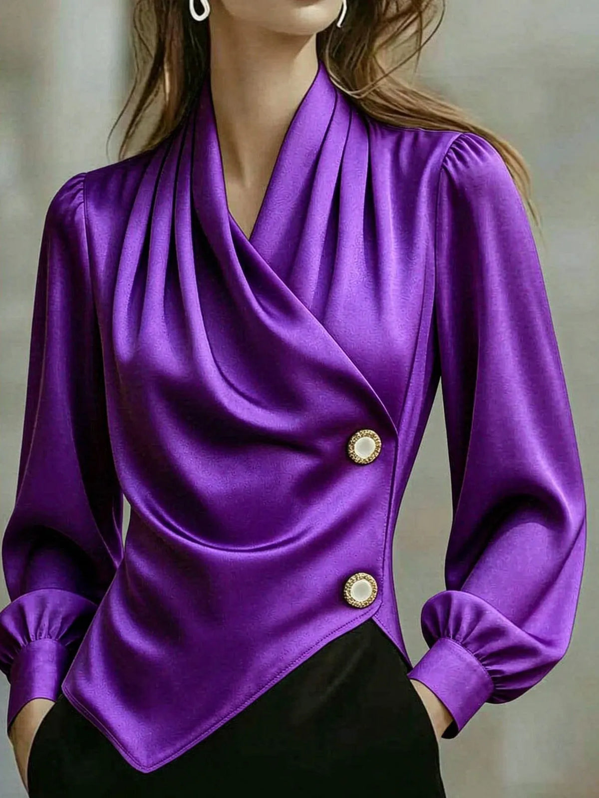 Women's Draped V Neck Long Sleeve Blouse, Elegant Wrap Style Decorative Button Shirt