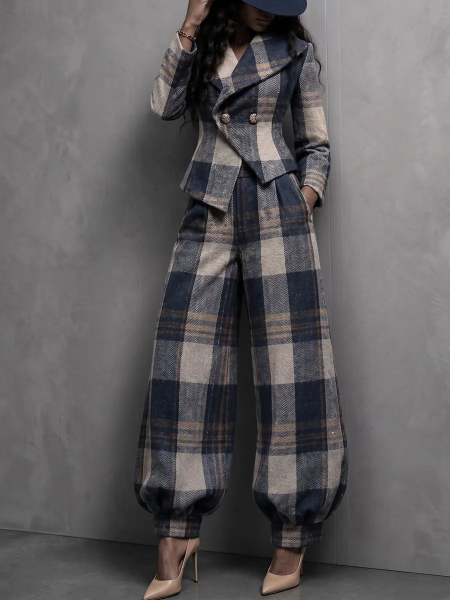 Women Plaid 2 Piece Outfit, Double Breasted Blazer and Balloon Wide Leg Pants Set