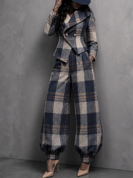 Women Plaid 2 Piece Outfit, Double Breasted Blazer and Balloon Wide Leg Pants Set