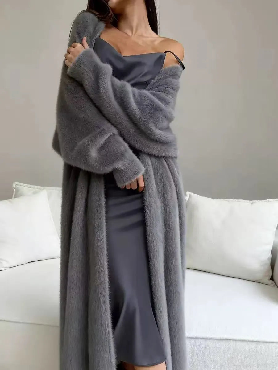 Women's Faux Mink Fleece Long Cardigan Sweater Fluffy Oversized Knit Coat for Autumn and Winter