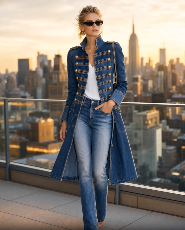 Women's Stand Collar Long Denim Coat, Double Breasted Gold Button Decor Military Style Trench Jacket