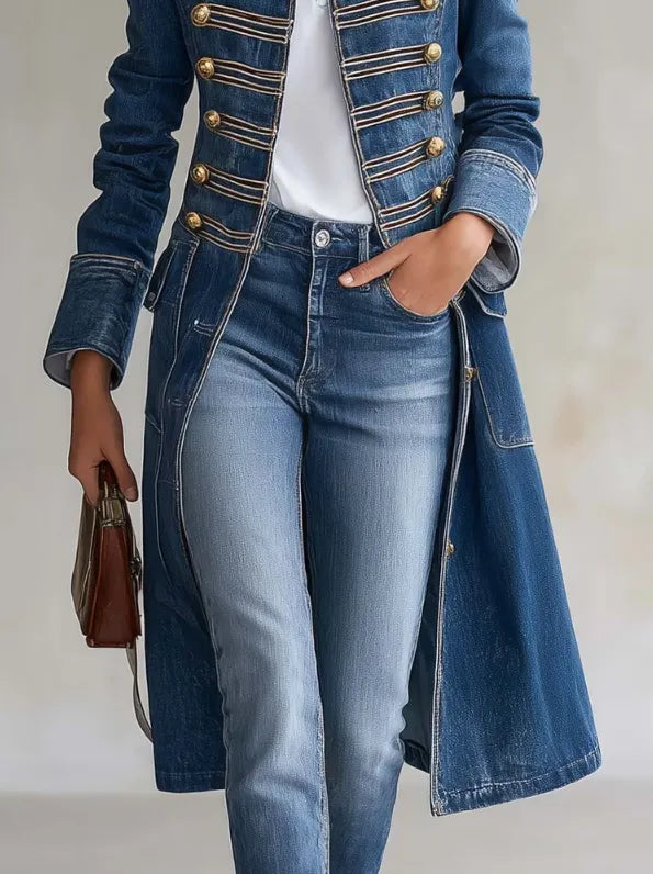 Women's Stand Collar Long Denim Coat, Double Breasted Gold Button Decor Military Style Trench Jacket