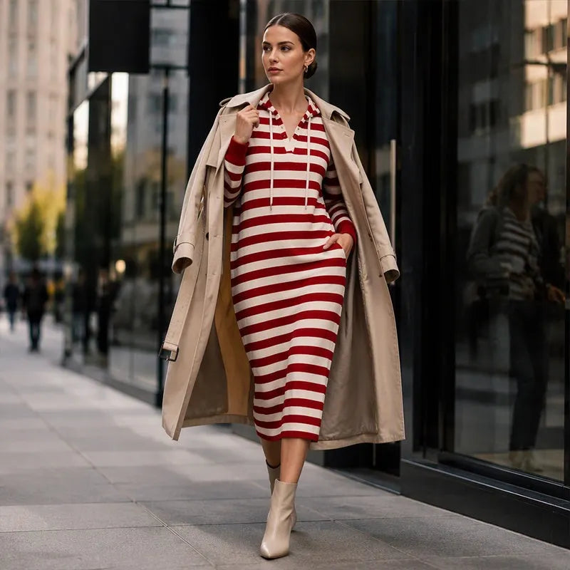 Women's Casual Striped Hooded Sweatshirt Dress
