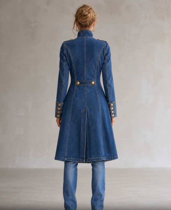 Women's Stand Collar Long Denim Coat, Double Breasted Gold Button Decor Military Style Trench Jacket