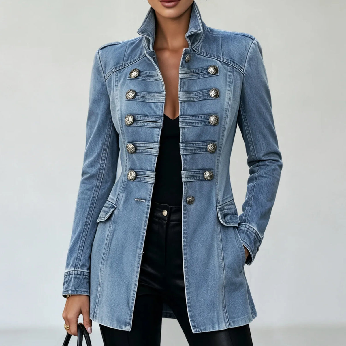 Women's Stand-Collar Denim Jacket with Double-Breasted Detail