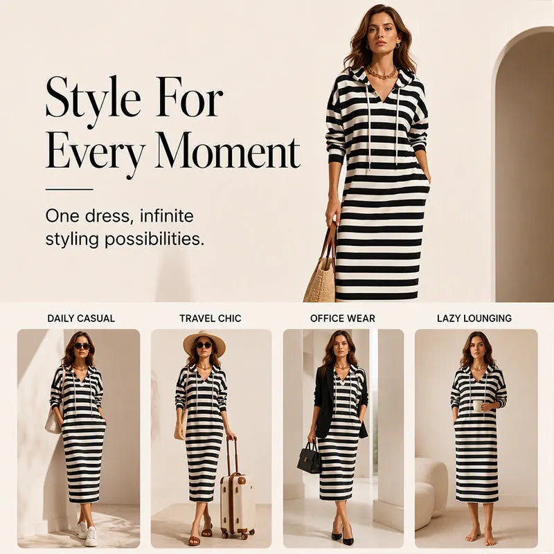 Women's Casual Striped Hooded Sweatshirt Dress
