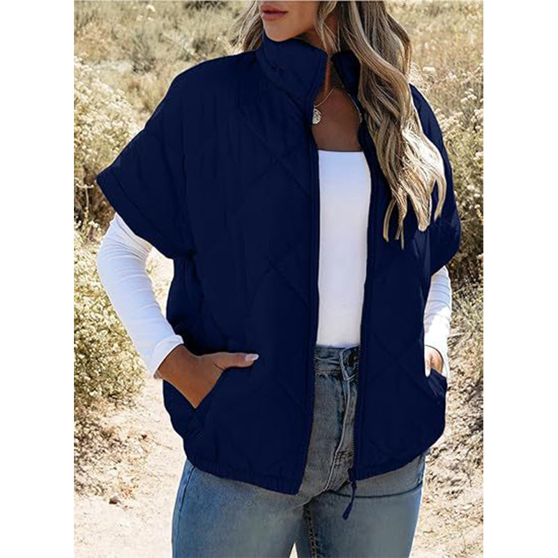 Women's Stand Collar Zip Up Short Sleeve Quilted Vest Jacket
