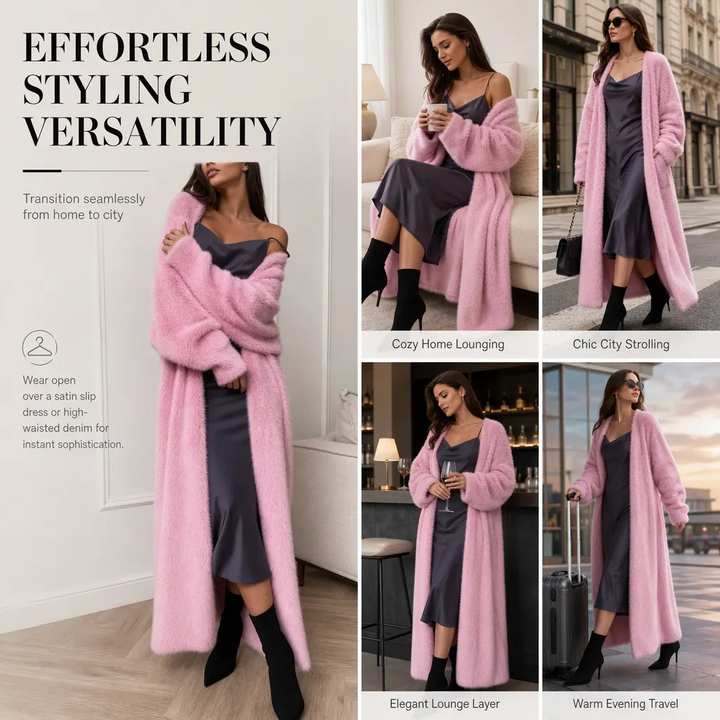 Women's Faux Mink Fleece Long Cardigan Sweater Fluffy Oversized Knit Coat for Autumn and Winter