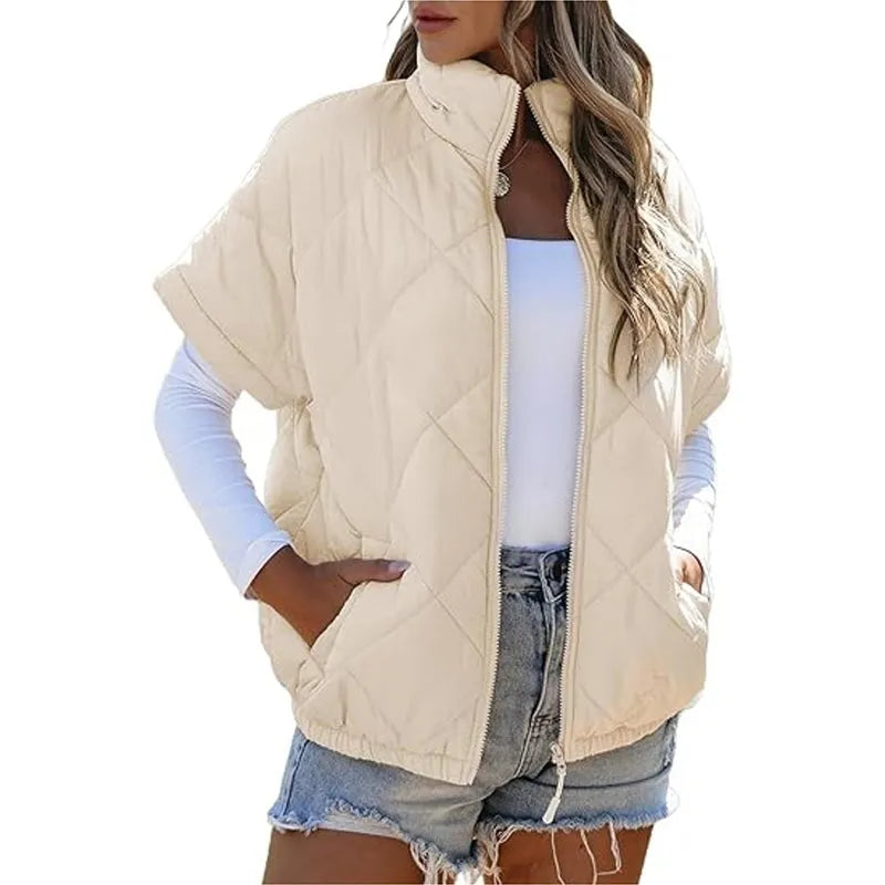 Women's Stand Collar Zip Up Short Sleeve Quilted Vest Jacket